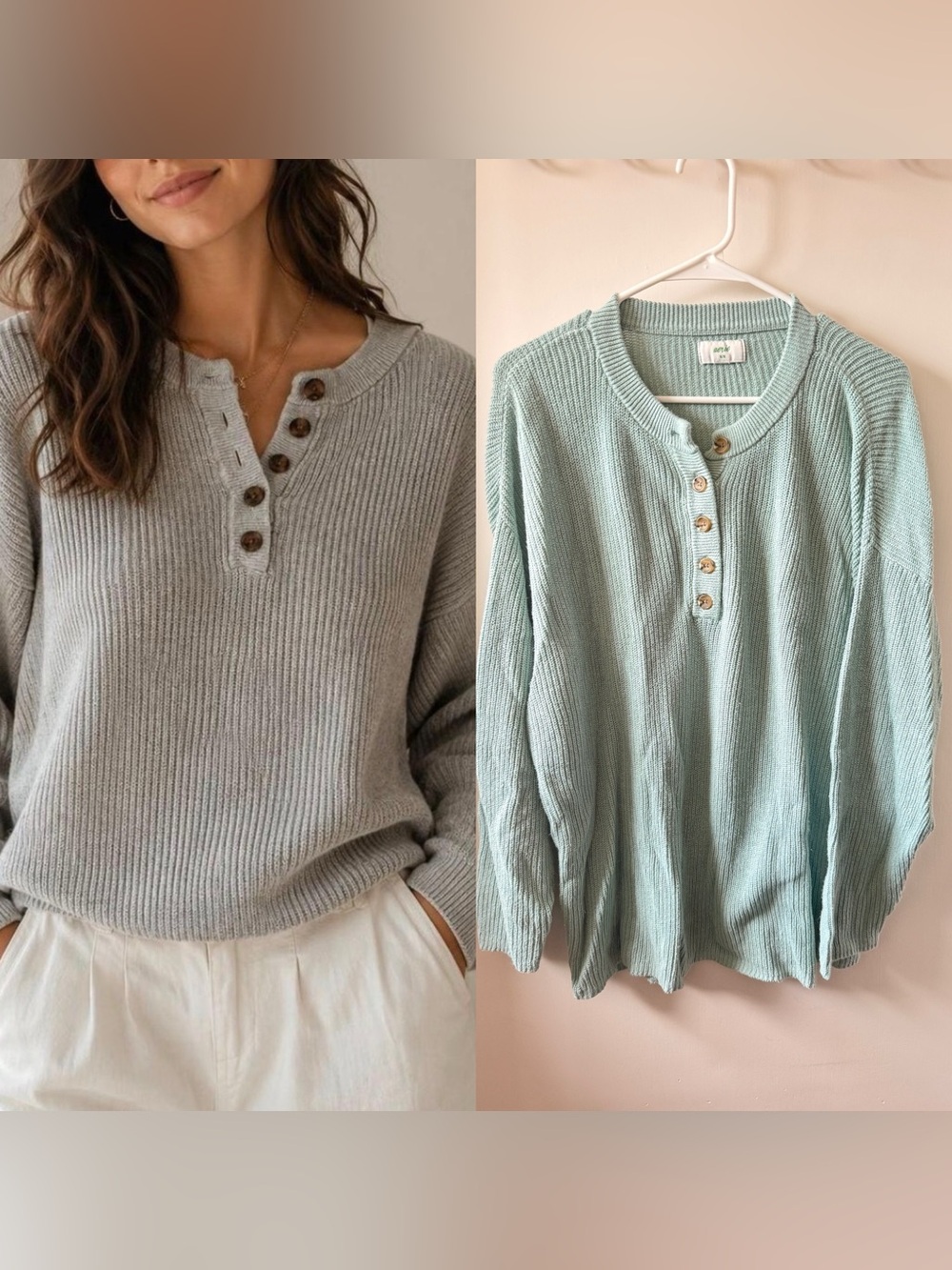 Aerie Cozy Ribbed Henley Sweater - Sage Green M